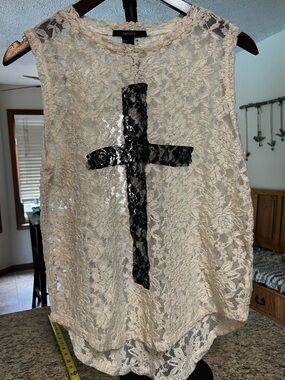 Forever 21 Cream Lace Tank with Black Cross